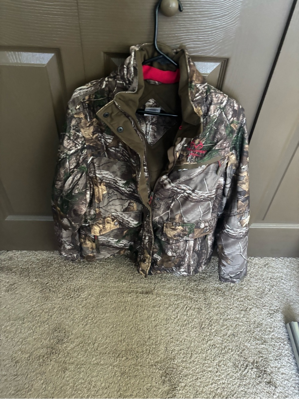 Realtree Camouflage Men's Jacket with Olive and Red Accents